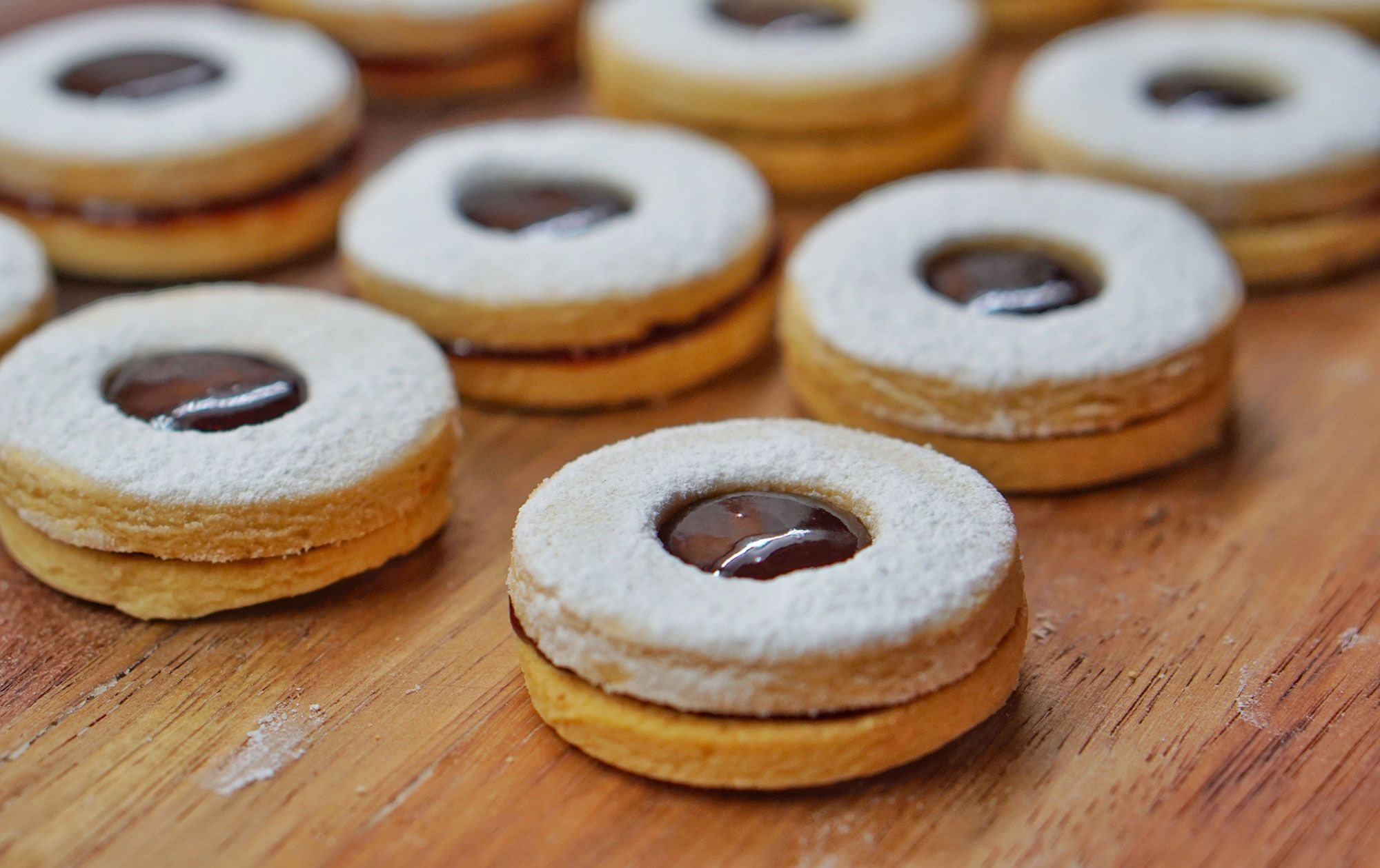 Nutella Shortbread Cookies closeup,on wood tray.