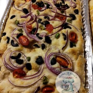 Focaccia with Onion, olive, tomatos