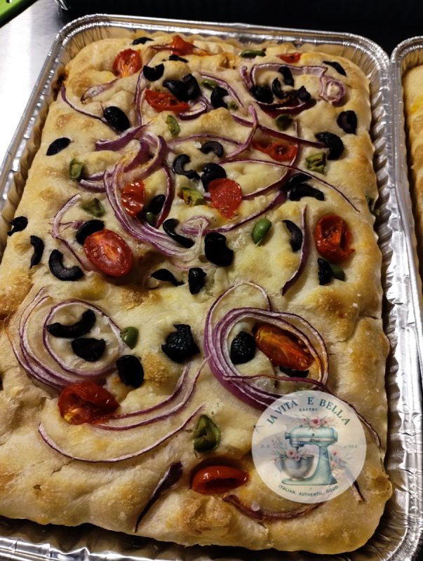 Focaccia with Onion, olive, tomatos