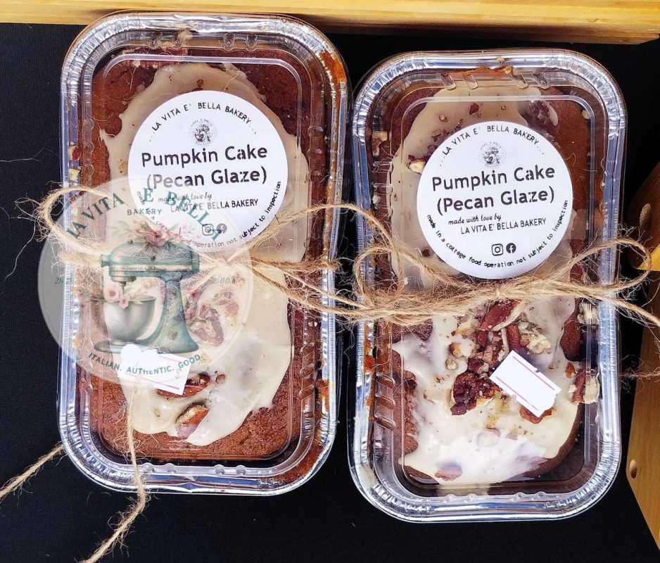 Pumpkin cake with chocolate chips and pecan glaze loaves from La Vita è Bella Bakery